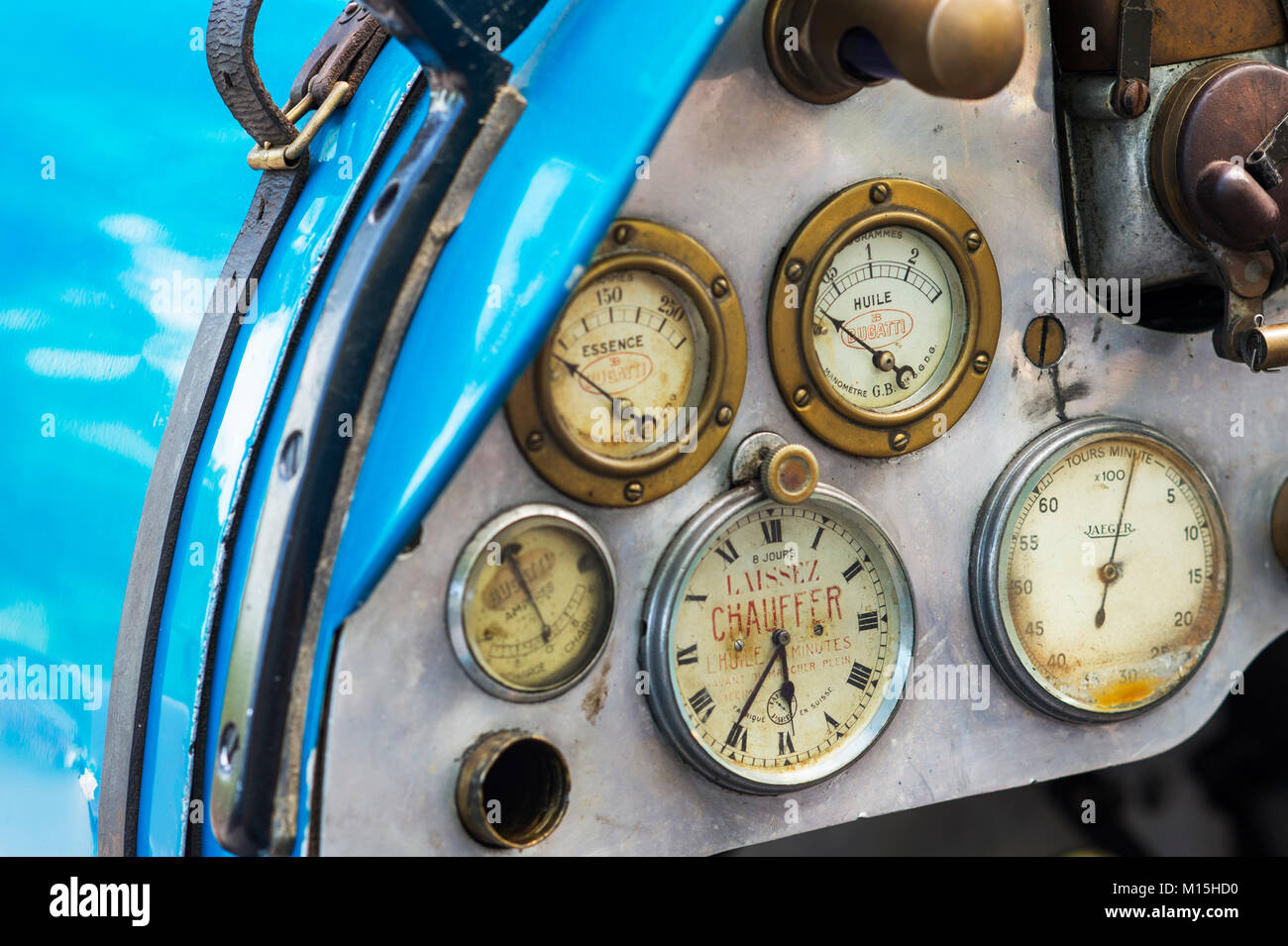 1926 Bugatti T23 Brescia Car gauges on the dashboard. UK. Stock Photo