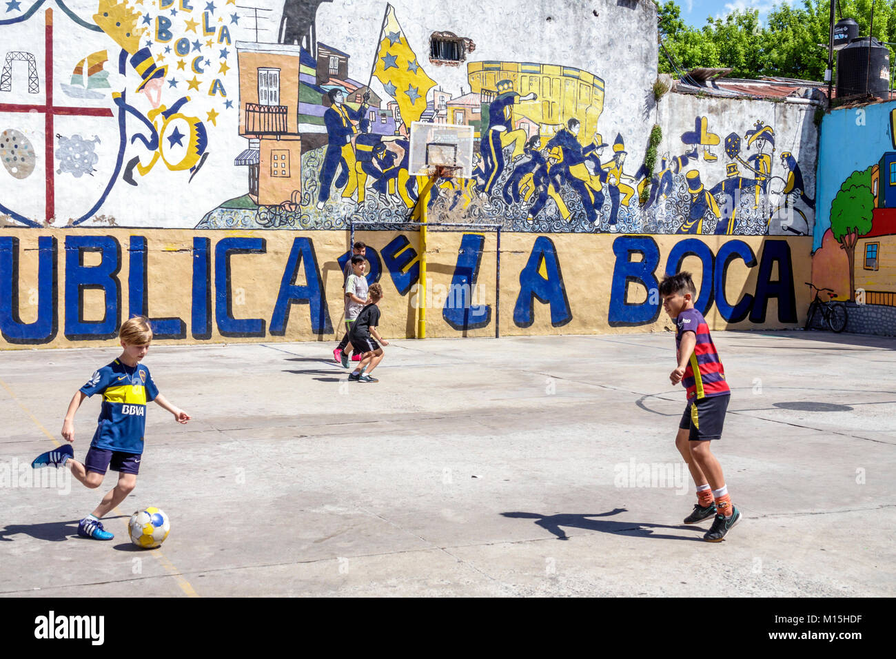 Buenos Aires Argentina,Caminito Barrio de la Boca,neighborhood park,soccer football futbol,football,sport,child,playing,boy boys,male kid kids child c Stock Photo