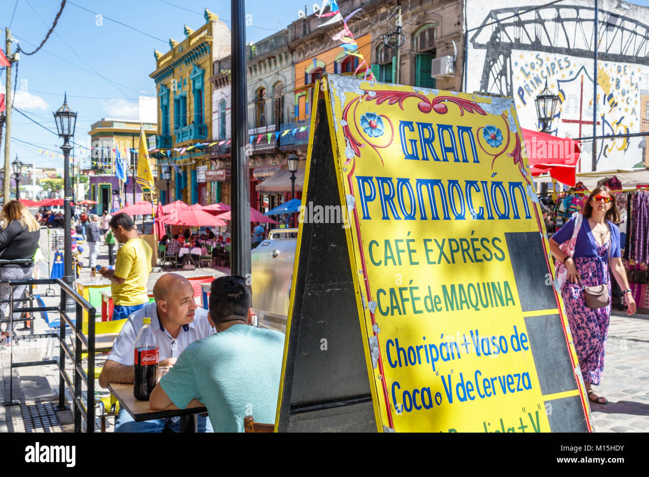 Buenos Aires Argentina,Caminito Barrio de la Boca,street museum,historic immigrant neighborhood,sidewalk cafe,table,sign,restaurant restaurants food d Stock Photo