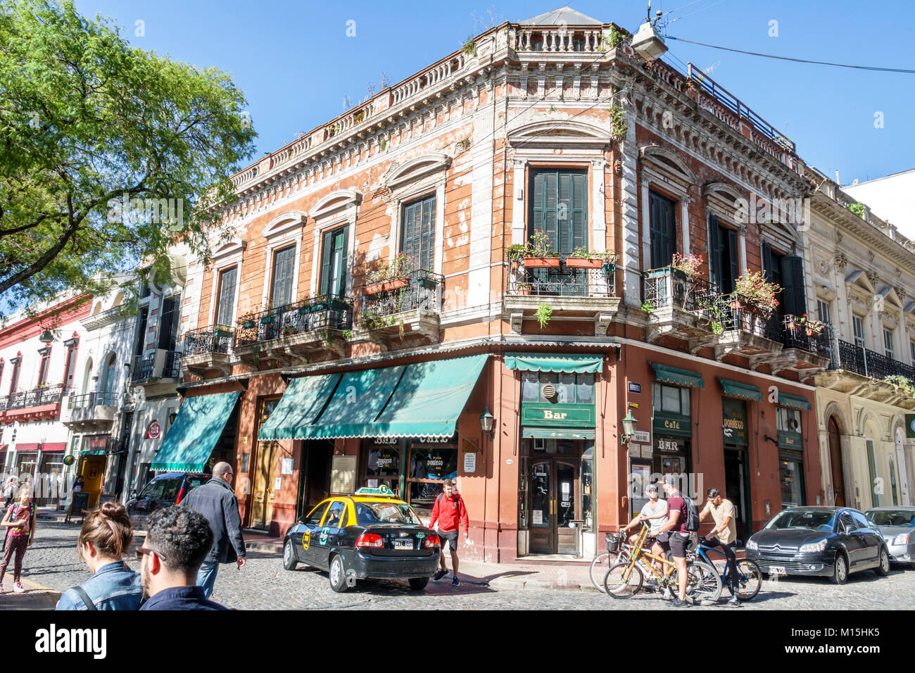 Buenos Aires Argentina,San Telmo Plaza Dorrego,historic center,Dorrego Cafe,bar bars lounge pub,exterior outside,taxi,cycling bicycle bicycles bicycli Stock Photo