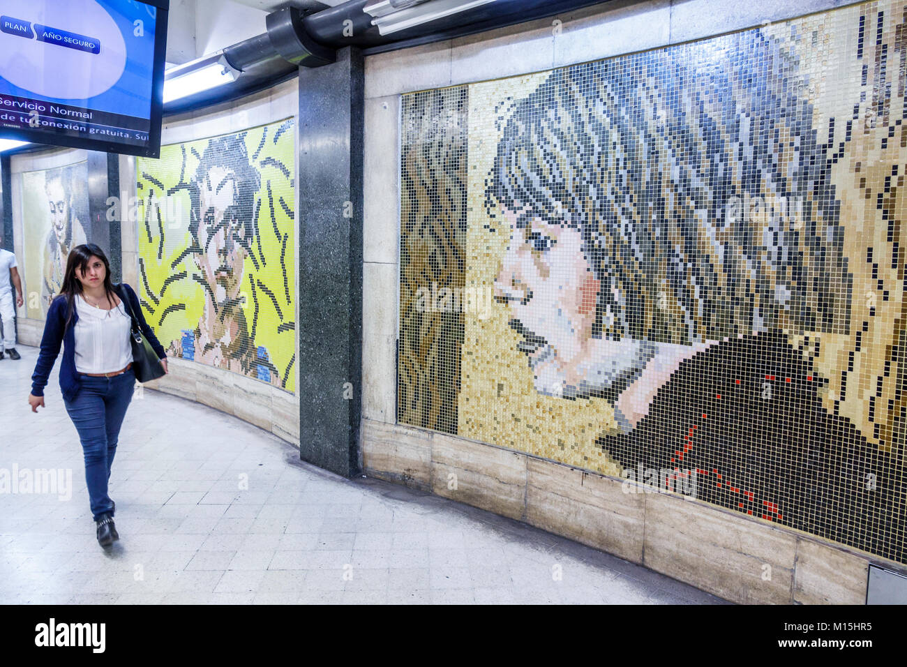 Buenos Aires Argentina,Subte subway public transportation,Callao,station,tile mural,Remo Bianchedi,adult adults woman women female lady,Hispanic Latin Stock Photo