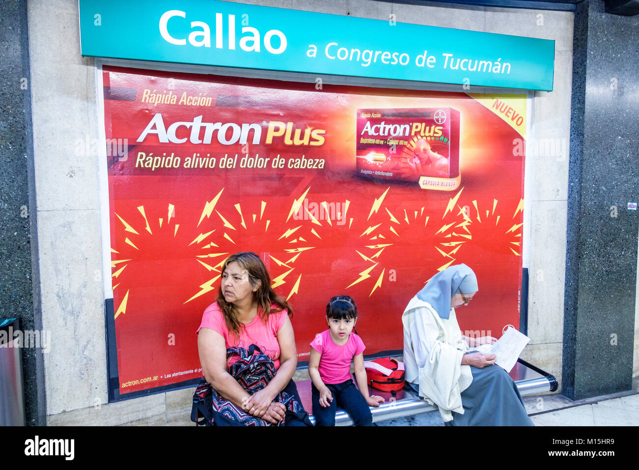 Buenos Aires Argentina,Subte subway public transportation,Callao,station,platform,ad advertising advertisement,Actron Plus,analgesic,bench,adult adult Stock Photo