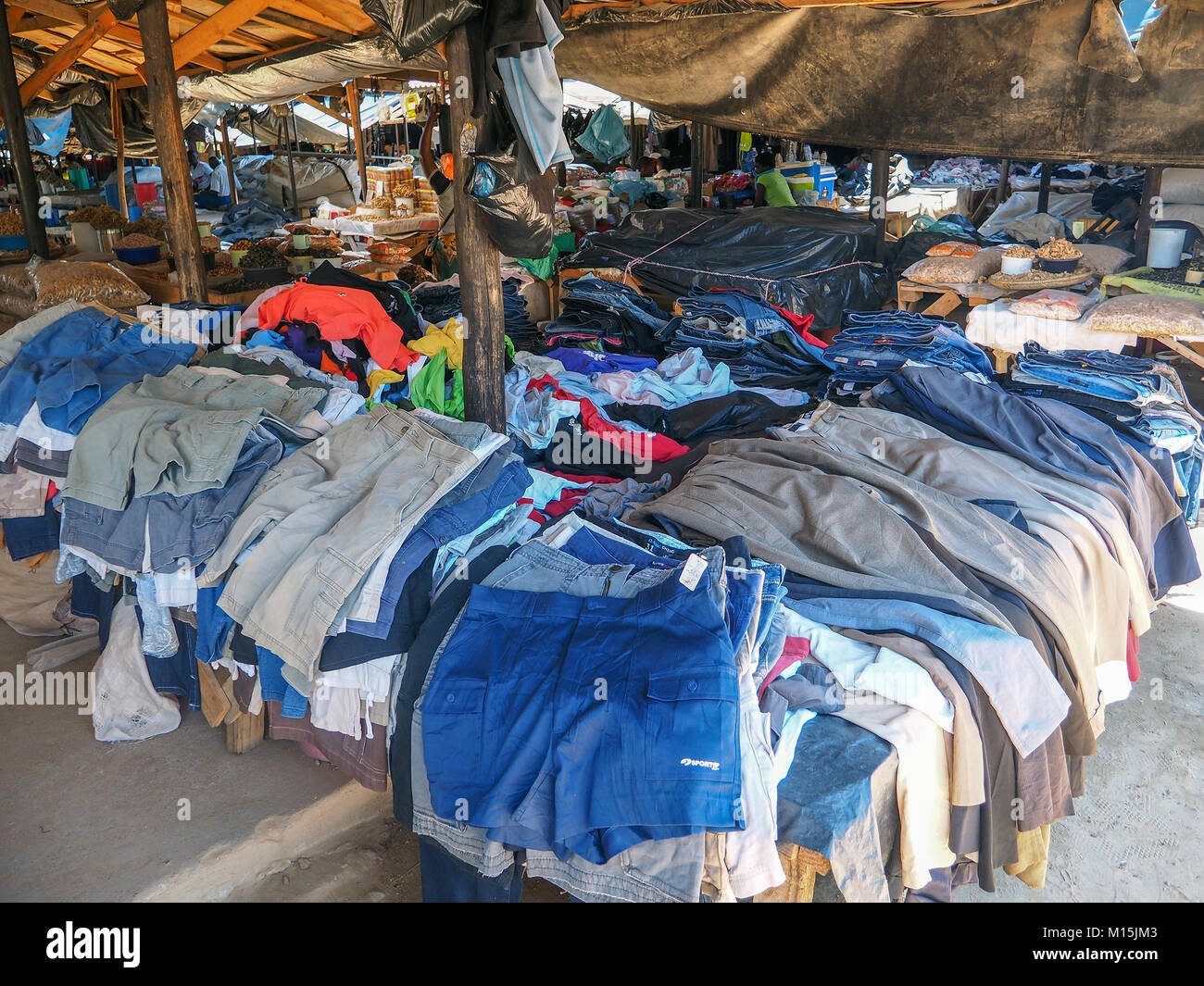 MASVINGO, ZIMBABWE - DECEMBER 30, 2017:   Clothing for sale at the town's main Market Stock Photo