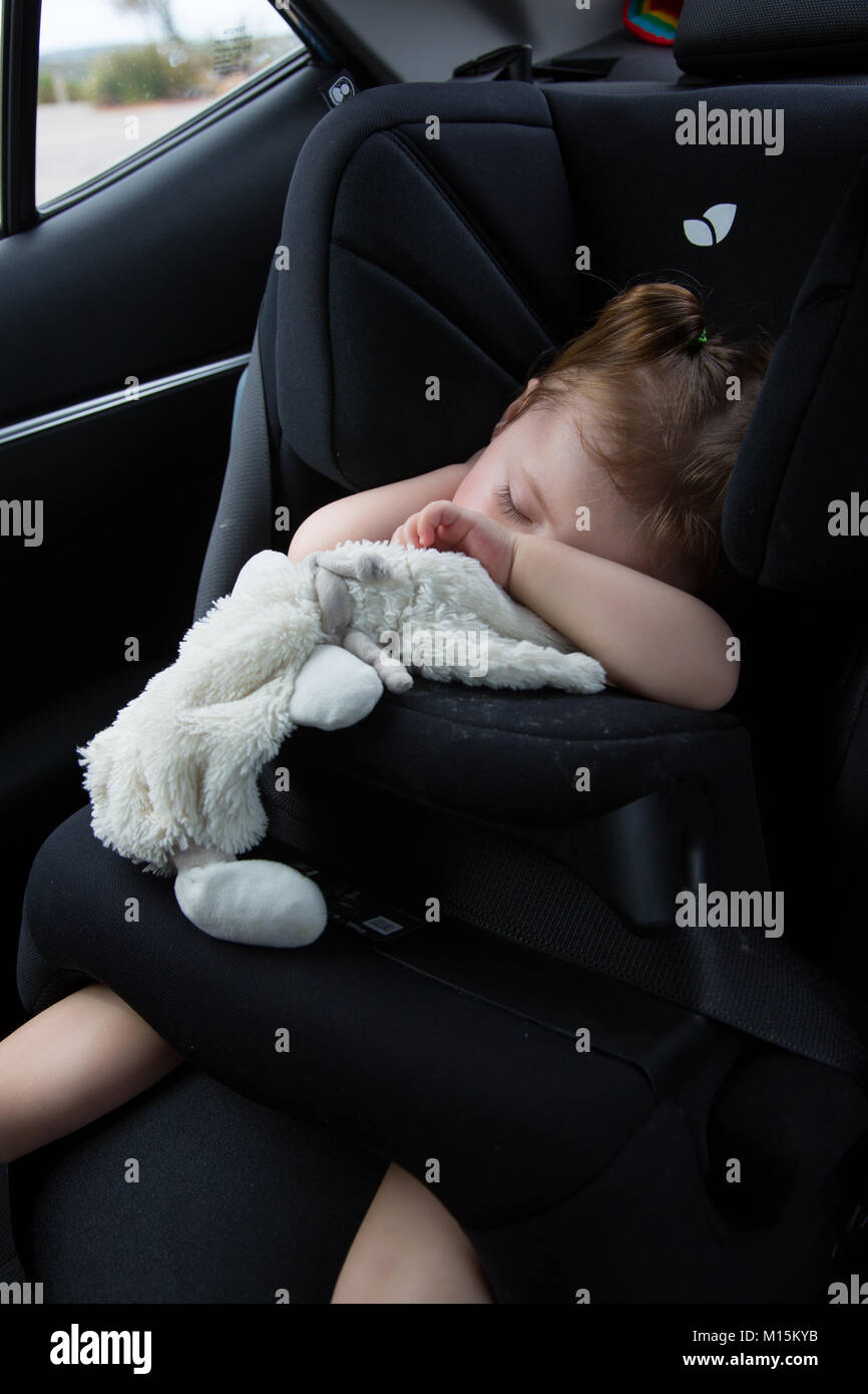 Toddler sleeping in Joie Trillo Shield Car Seat Stock Photo