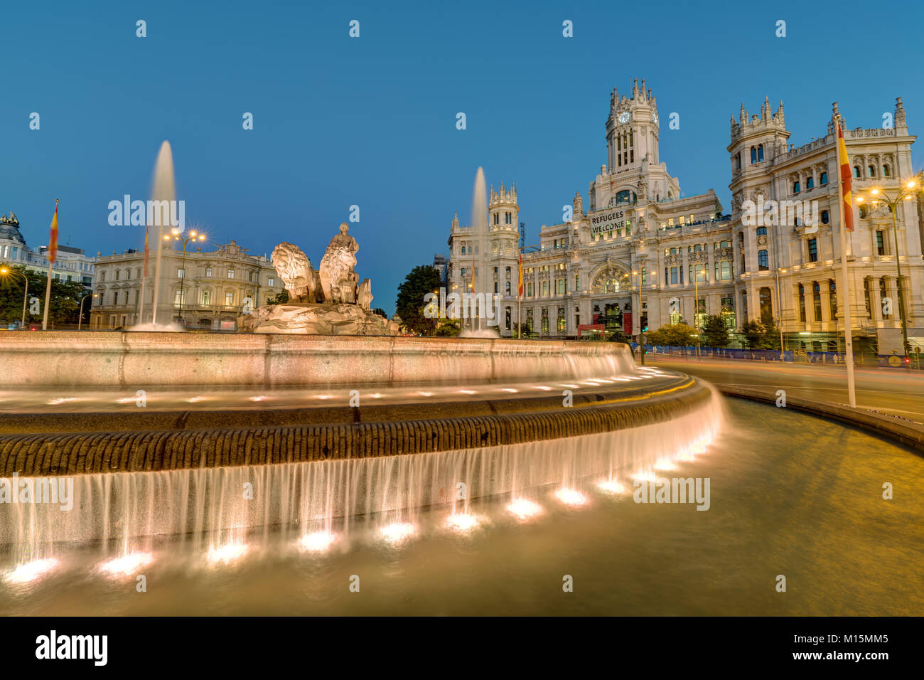 The Plaza de Cibeles with the Palace of Communication and the Cibeles Fountain in Madrid at night Stock Photo