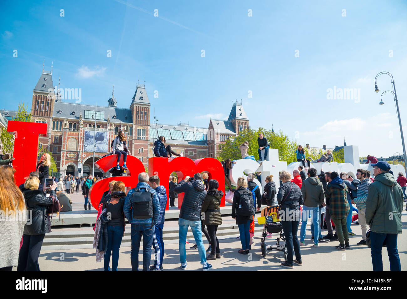 Amsterdam, Netherlands - April 20, 2017: The I Amsterdam sign in front of the Rijksmuseum is an attraction for tourists wanting to take pictures Stock Photo