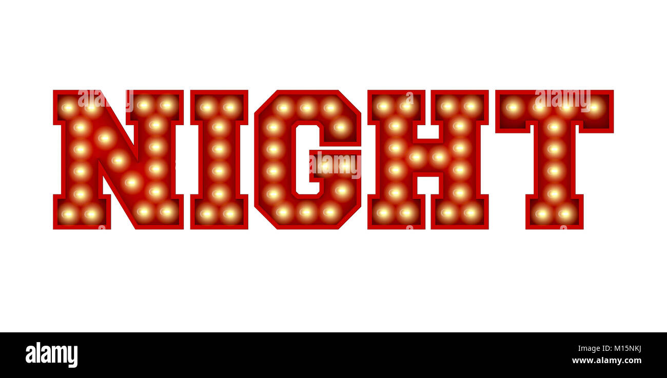 Night word made from red vintage lightbulb lettering isolated on a white. 3D Rendering Stock