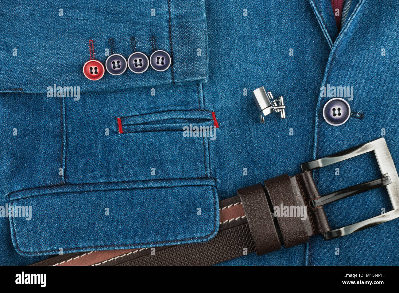 Elegant denim suit with a silver cufflinks and belt. Male jacket with ...