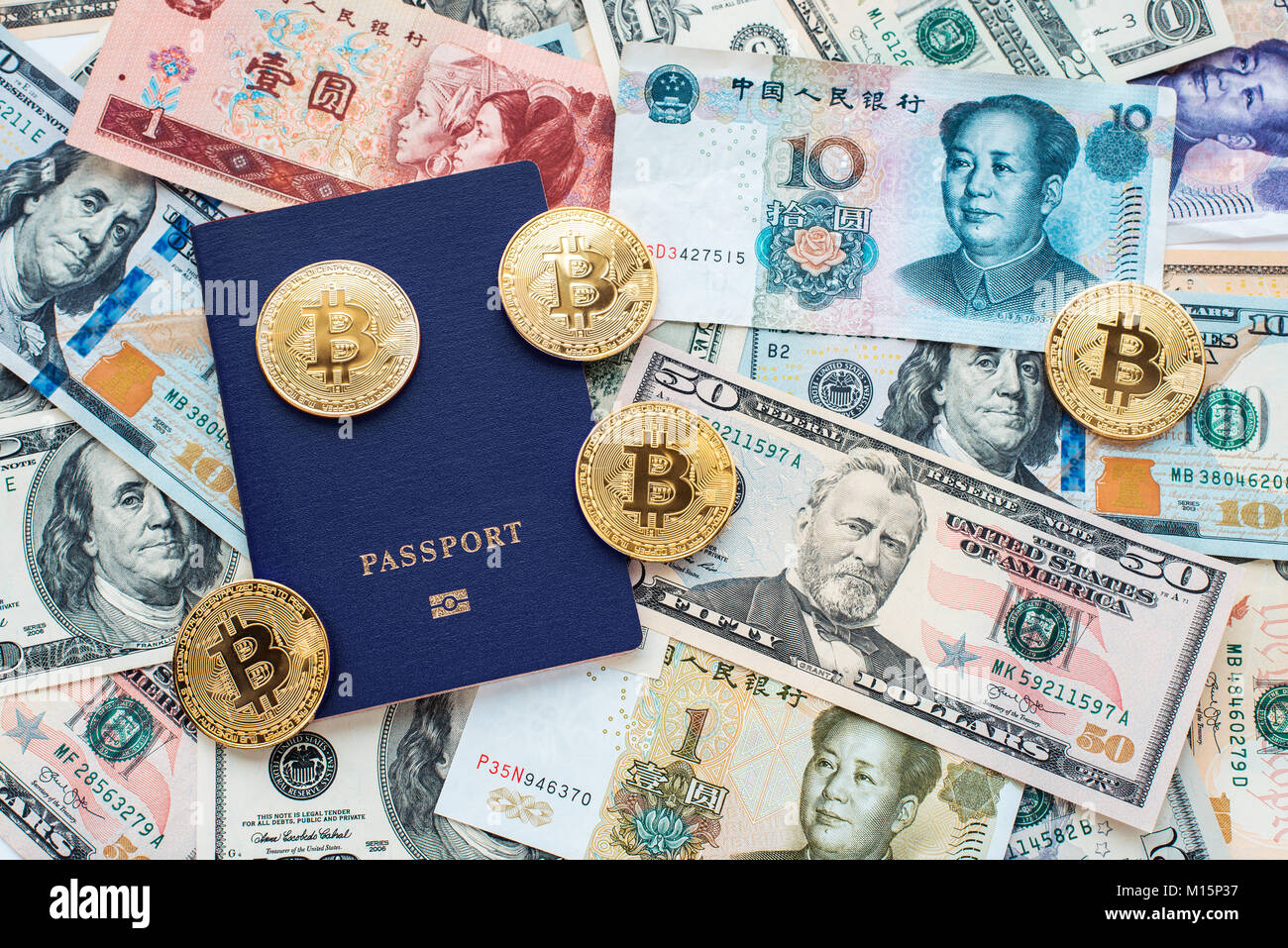 Blue passport on background, proof of identity. Against paper money, US  dollars, Chinese yuan CNY, metal coins, bitcoin, crypto currency, customer  ide Stock Photo - Alamy