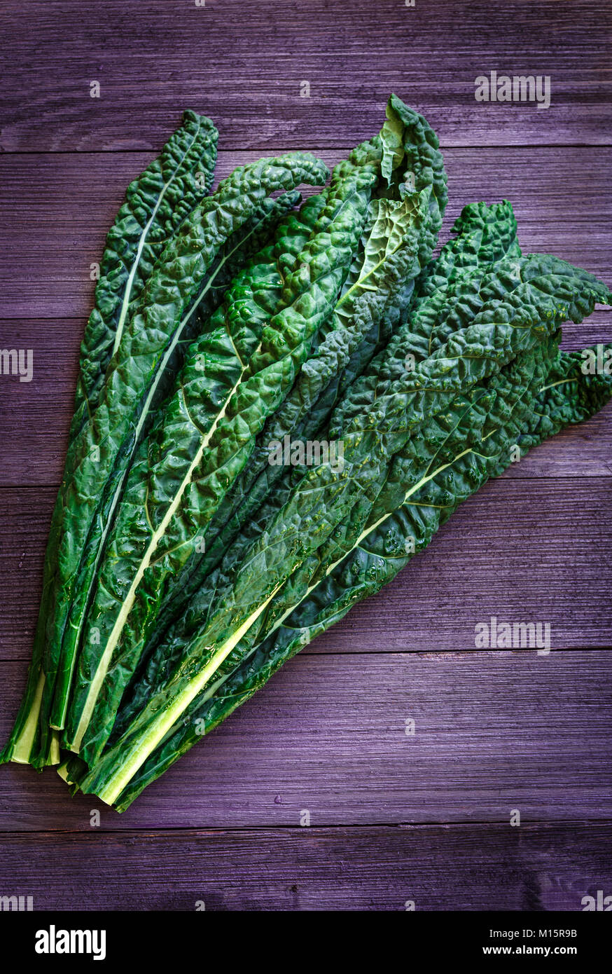 Organic Dino Kale on Purple  Wooden Surface Stock Photo