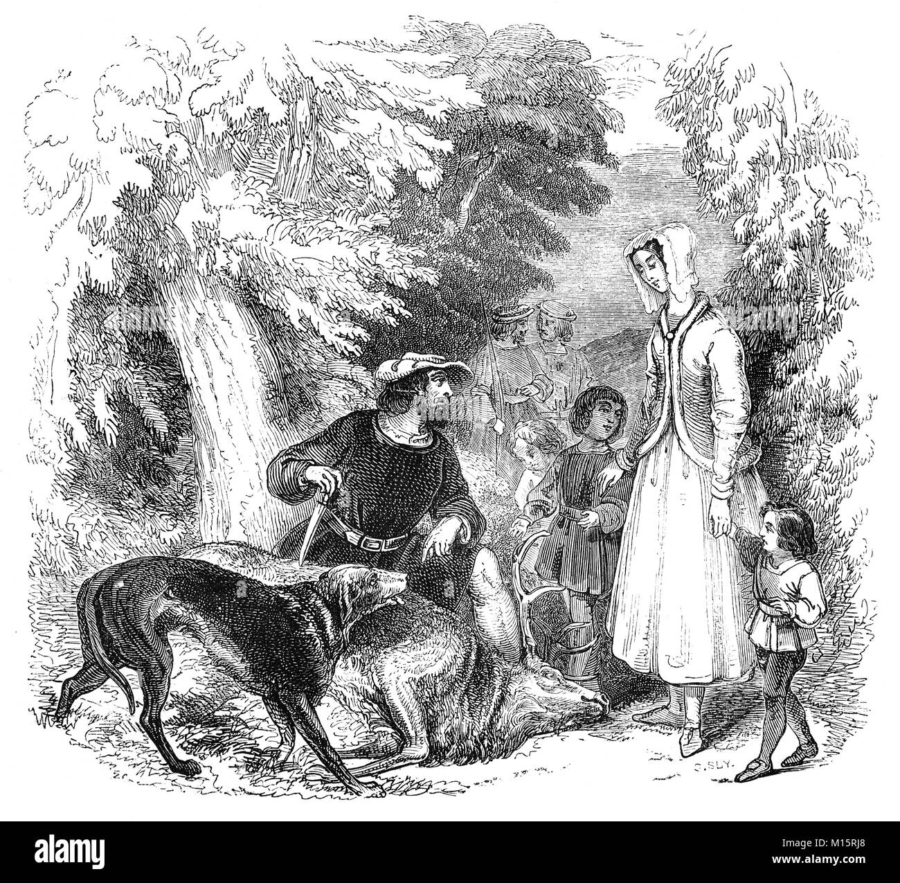 William of Cloudsley with his family and a recently killed deer. He was famed as an archer who shot an arrow through an apple on his son's head at six score paces, a feat also ascribed to William Tell. He lived in Inglewood Forest near Carlisle in Cumbria with other 14th Century  outlaw figures similar to Robin Hood. England. Stock Photo