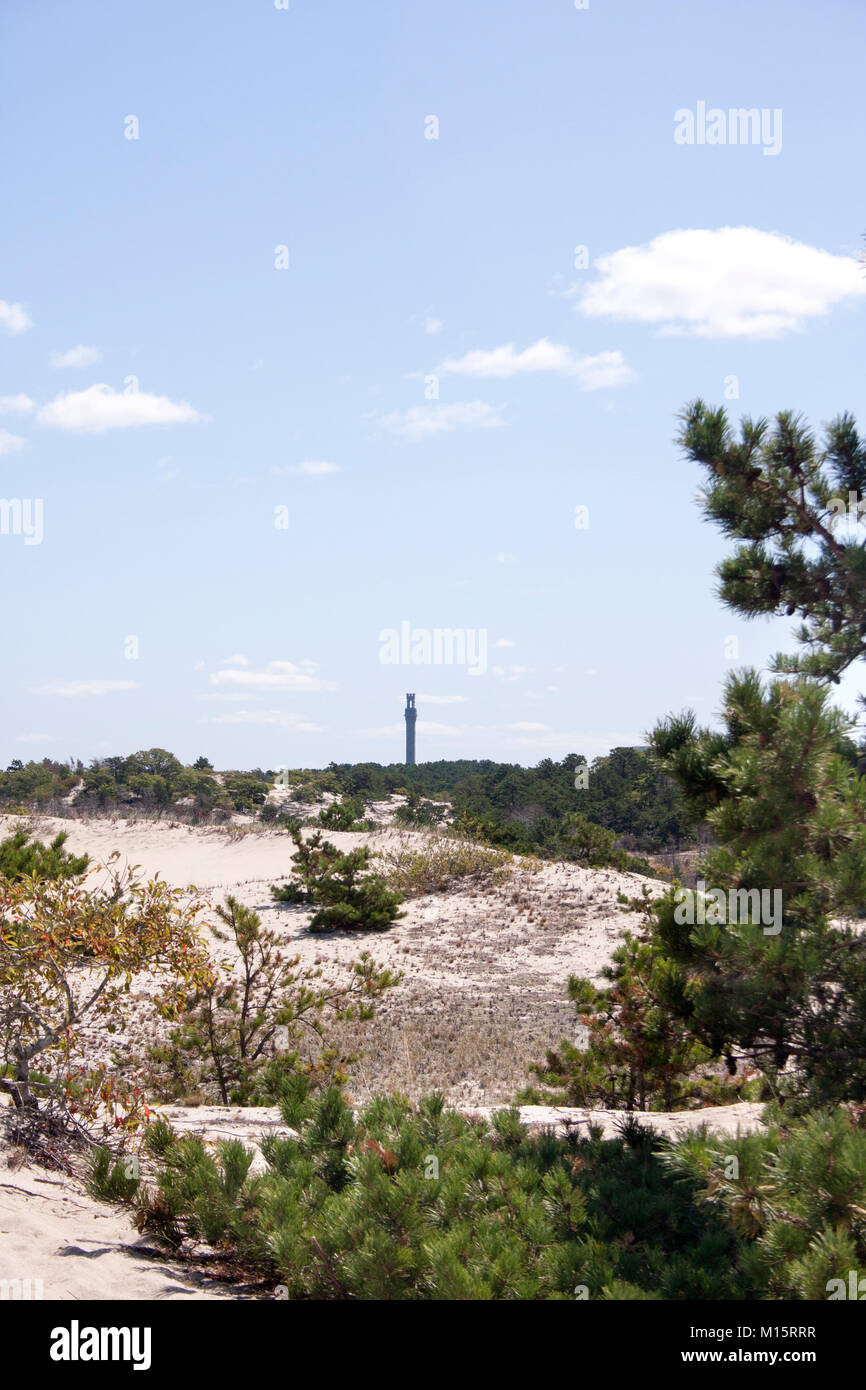 View of Provincetown Pilgrim Tower over the Province Lands dunes Stock Photo