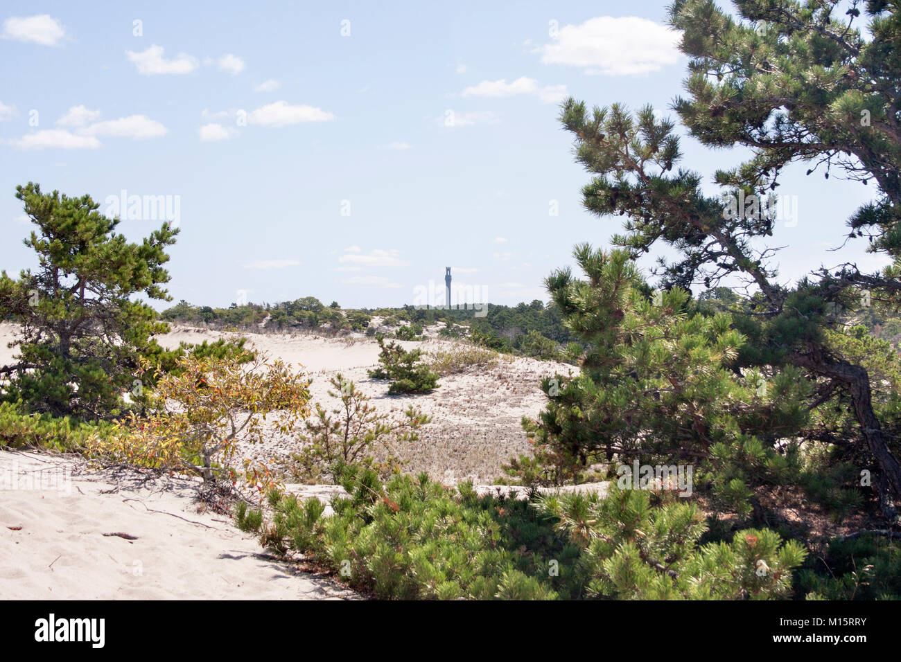 View of Provincetown Pilgrim Tower over the Province Lands dunes Stock Photo