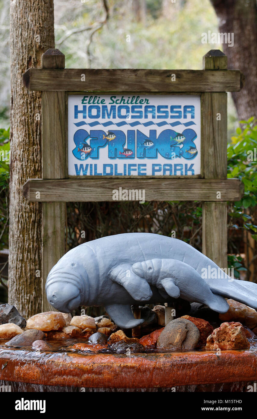 A sculpture of a Manatee with a calf at the entrance to the Ellie Schiller Homosassa Springs Wildlife State Park. Stock Photo
