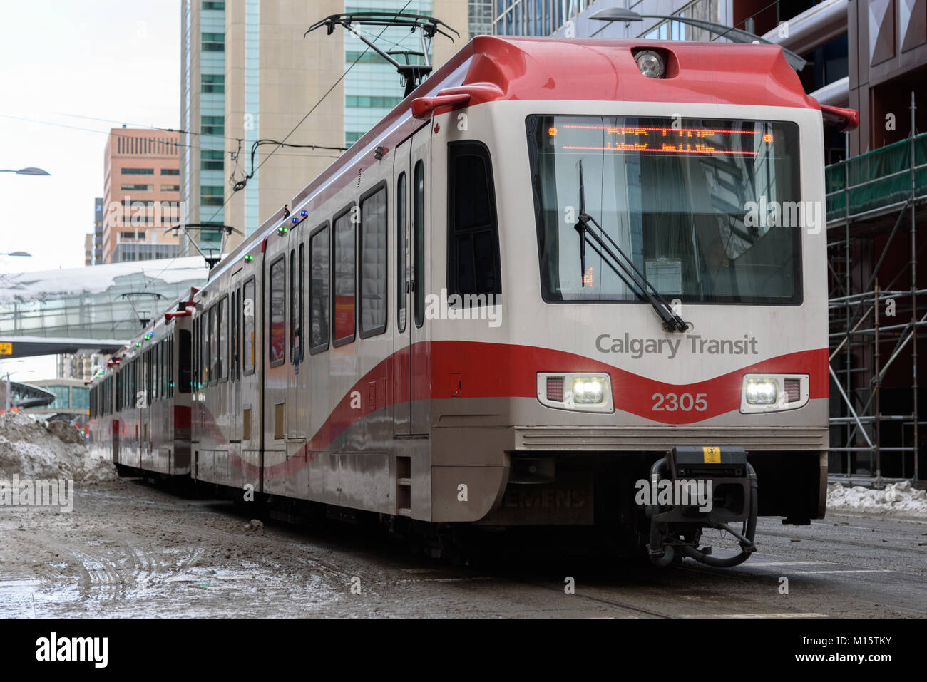Red Line Train passing through the downtown of Calgary during the