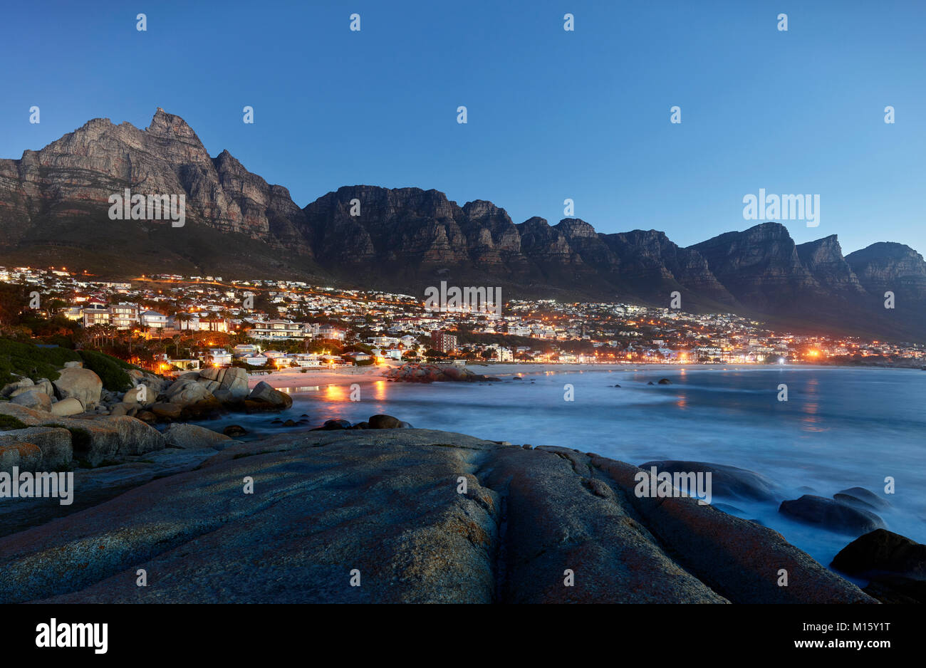Camps Bay with mountain chain Table Mountain and Twelve Apostles,Cape Town,Western Cape,South Africa Stock Photo