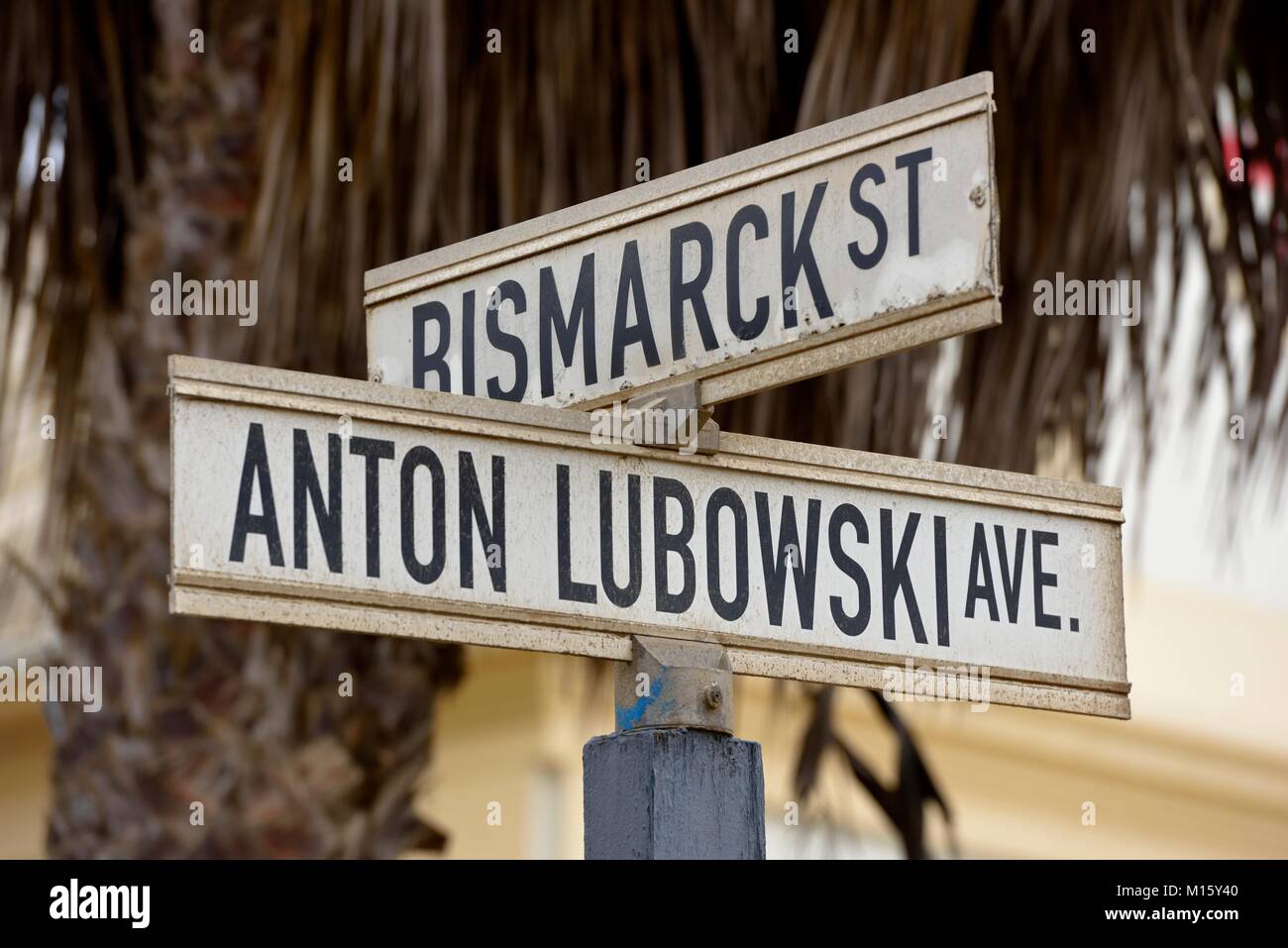 German road sign,Bismarck Straße,Swakopmund,Erongo region,Namibia Stock Photo