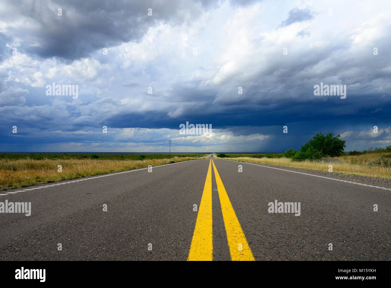 View over the asphalt of the Ruta RN35 with dark rain clouds,province of La Pampa,Patagonia,Argentina Stock Photo