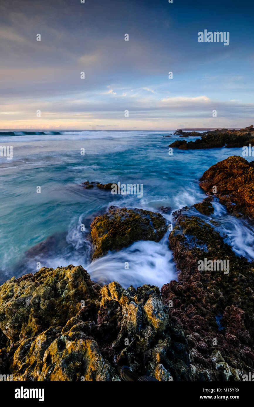 Rocky coast,Sunset,Playa de Jarugo,Fuerteventura,Canary Islands,Spain Stock Photo