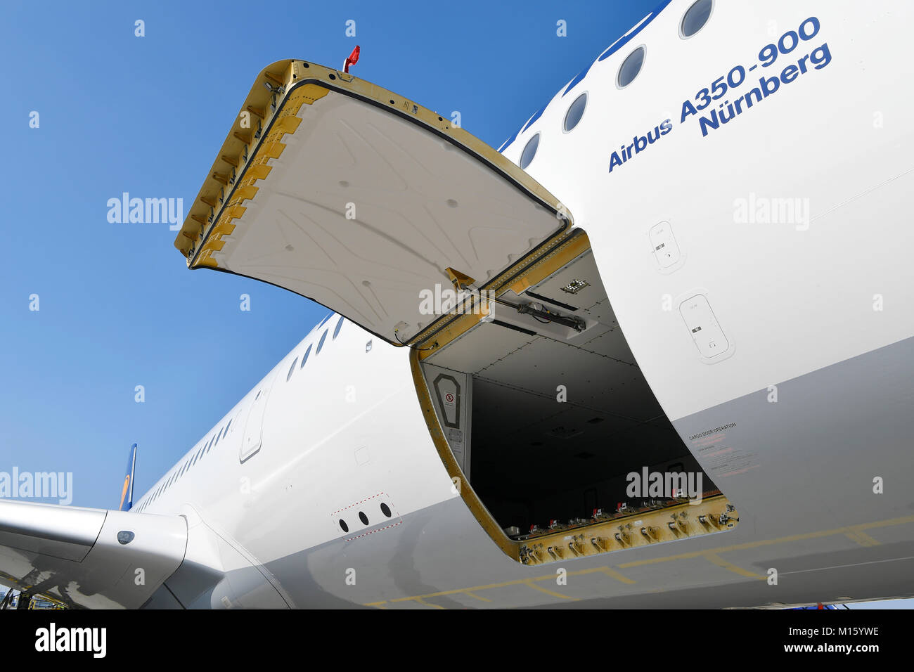 Loading Dock,Luggage,Cargo,Lufthansa Airbus A350-900,Munich Airport,Upper Bavaria,Germany Stock Photo