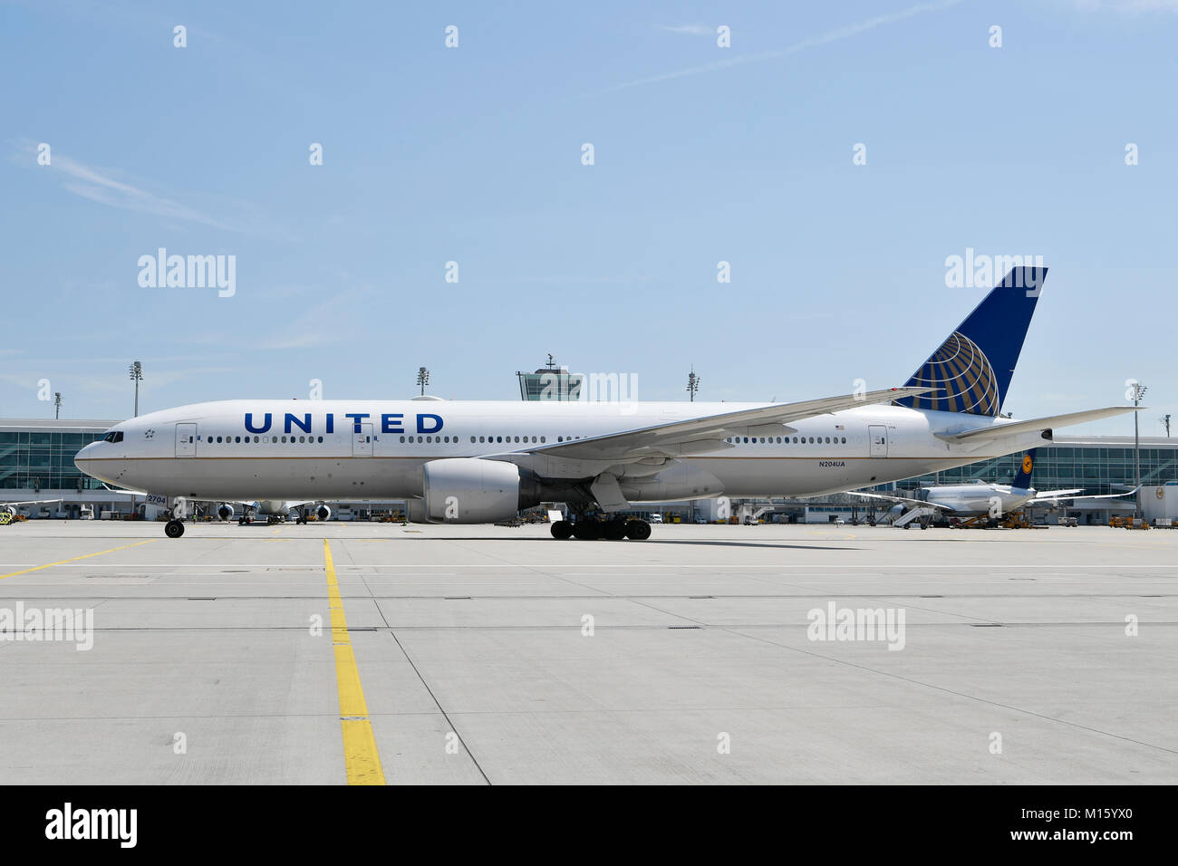 United Airlines,Boeing B777-222,Munich Airport,Germany Stock Photo
