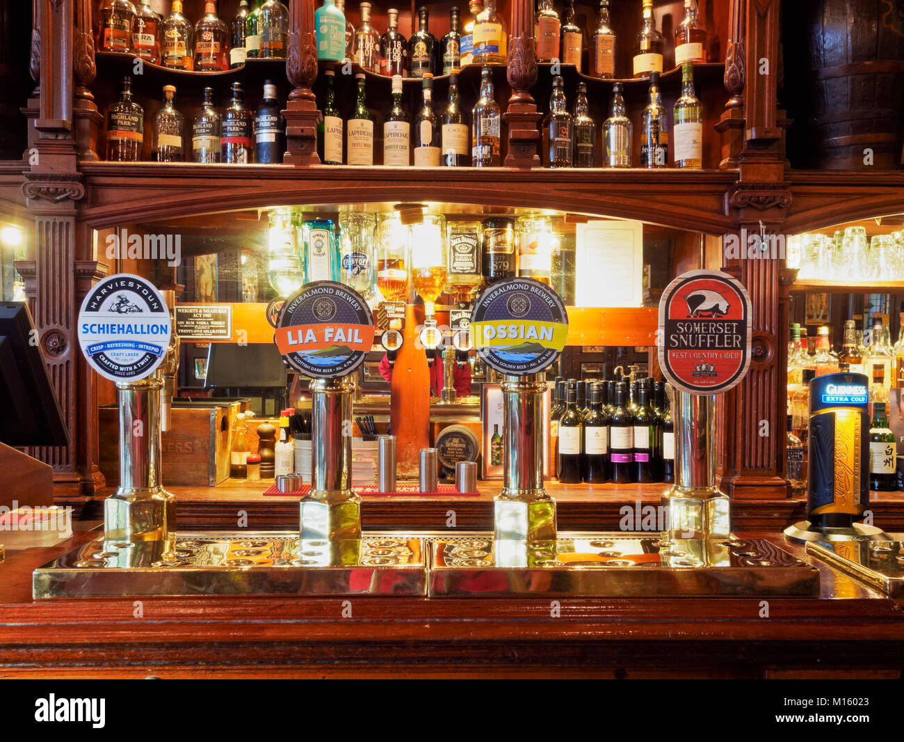 Bar with bottles,Bennets Bar,interior,Edinburgh,Lothian,Scotland,United Kingdom Stock Photo