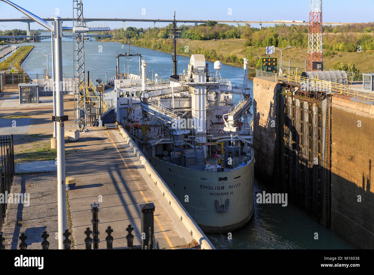 Freighter leaves lock 3,Welland Canal,St. Catharines,Ontario,Canada Stock Photo