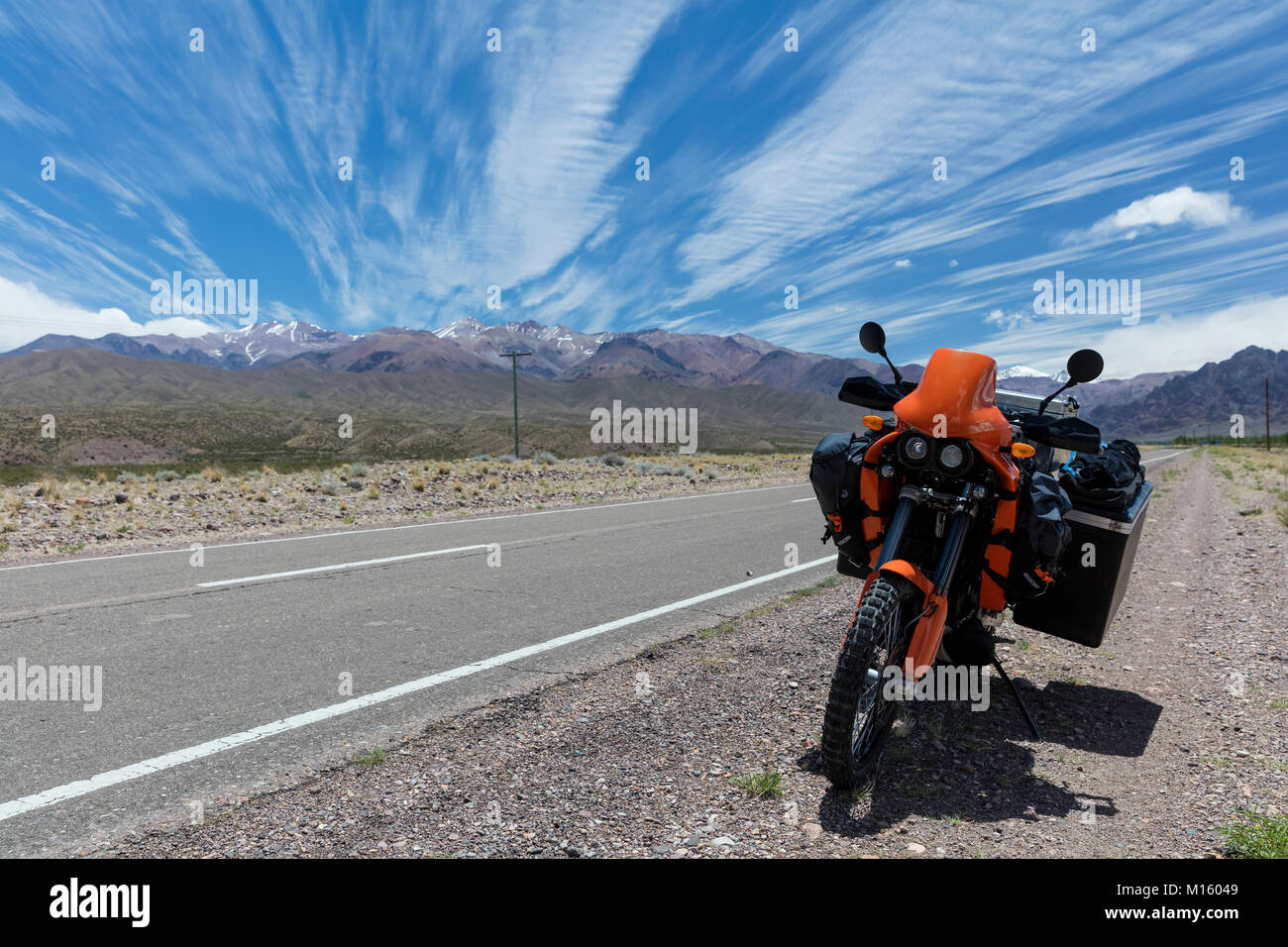Heavily packed motorcycle on the roadside,Uspallata,Mendoza Province,Argentina Stock Photo