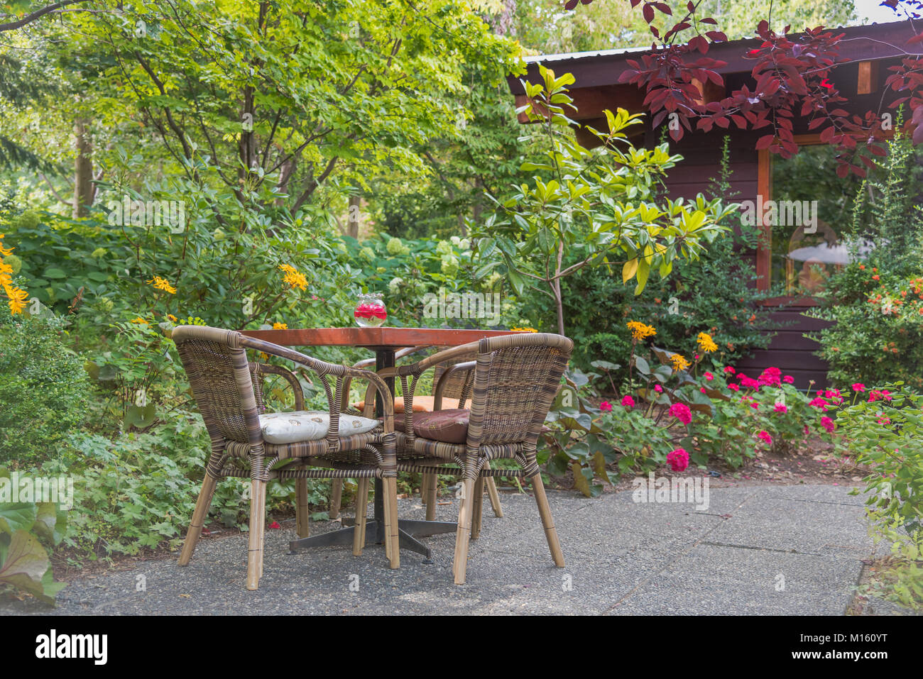 One of the beautiful garden patio tables at Linden Gardens, a popular