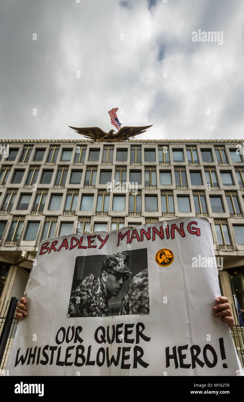Supporters of Bradley Manning wait for the military court verdict outside the U.S. Embassy in London, UK. Stock Photo