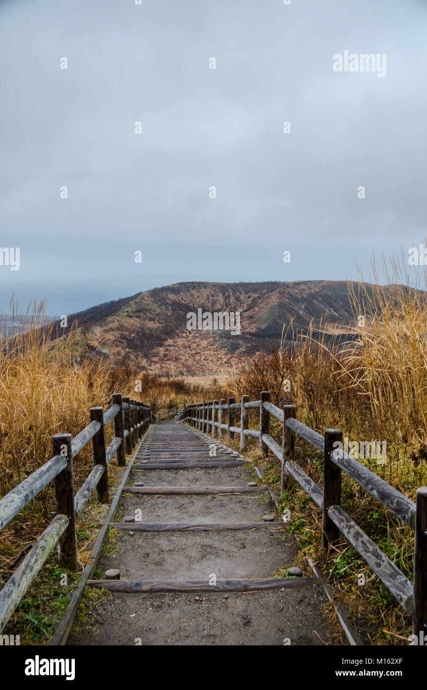 Panoramic view of Mount Usu. Mount Usu is an active stratovolcano in