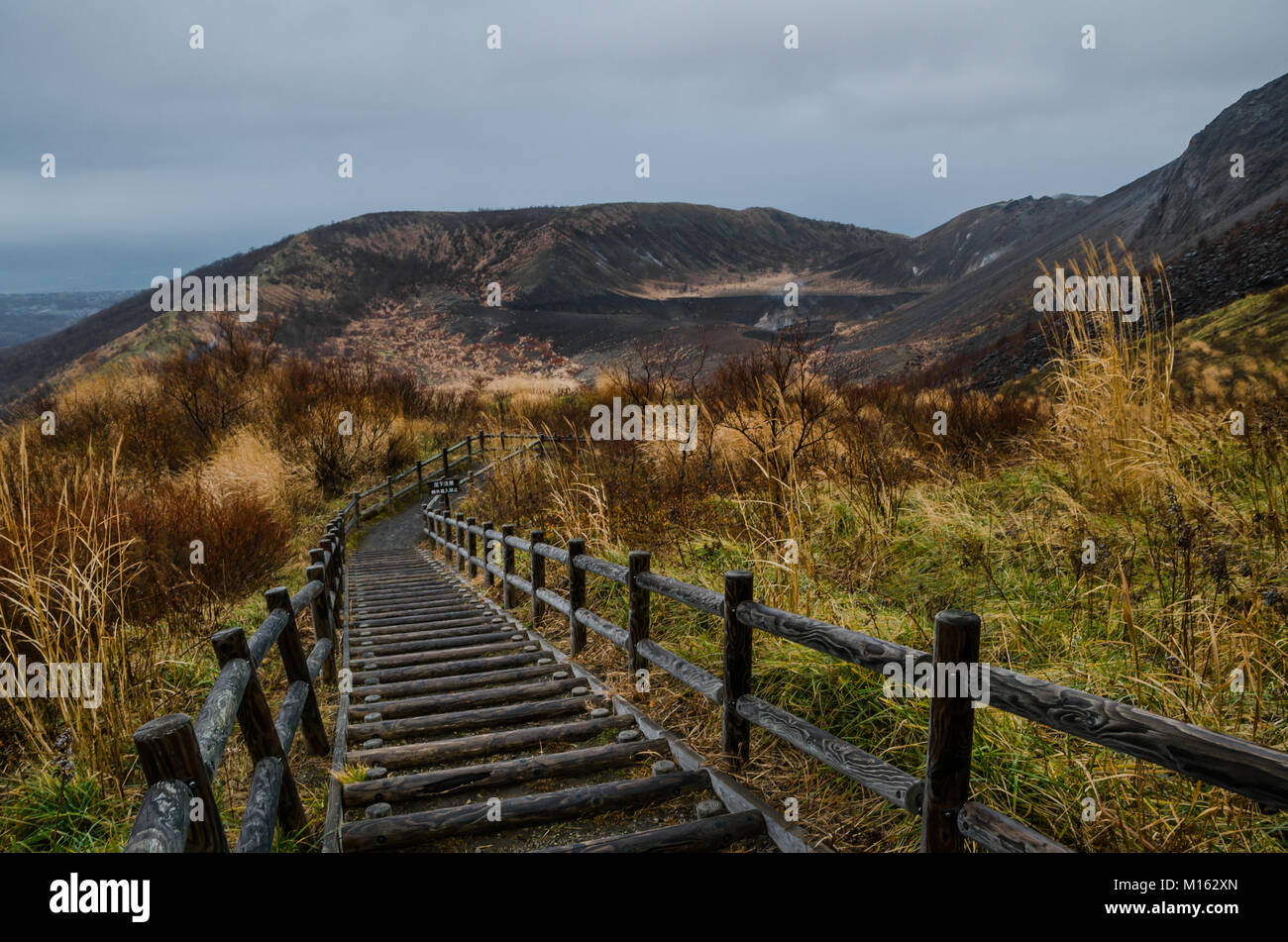 Panoramic view of Mount Usu. Mount Usu is an active stratovolcano in