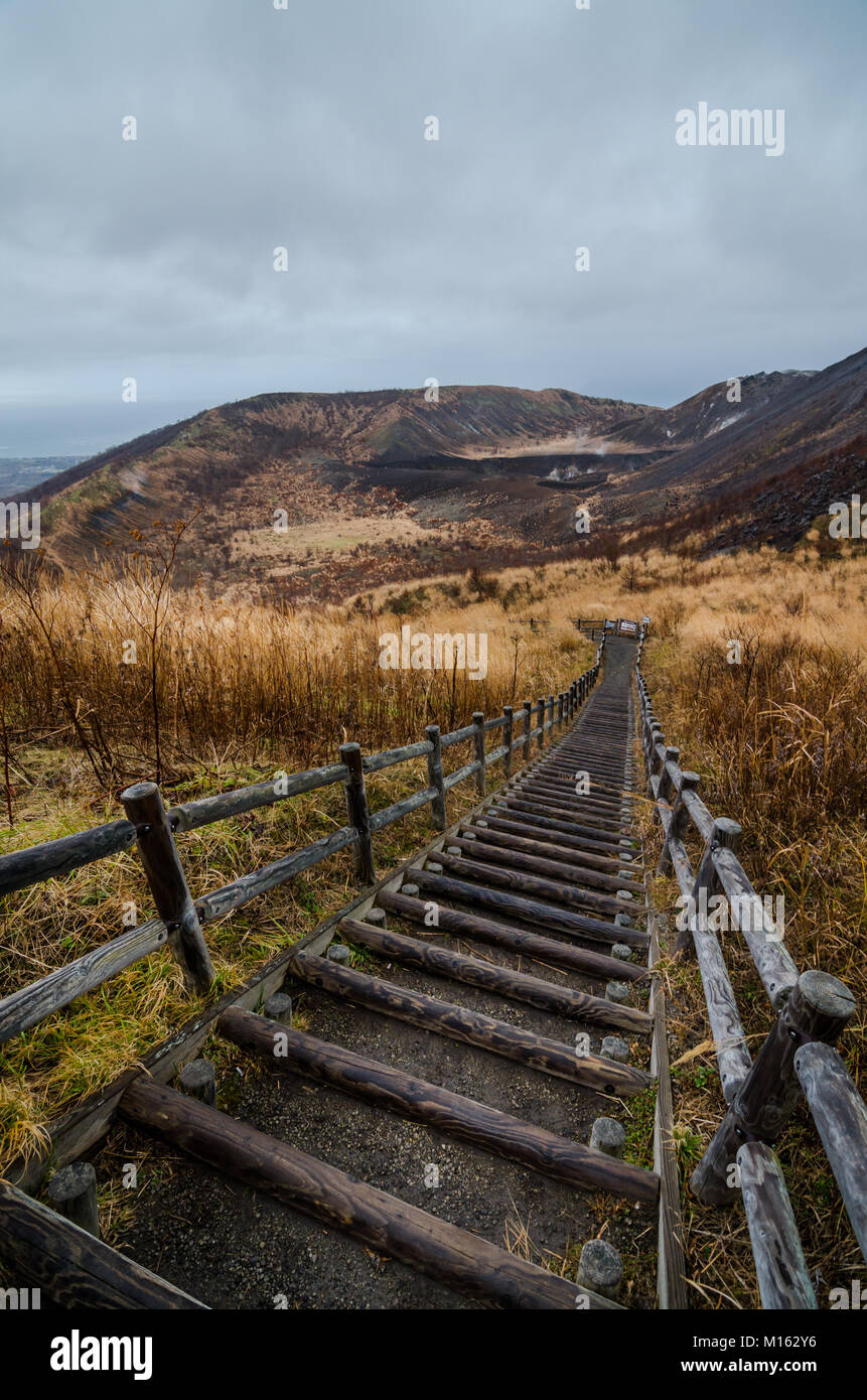 Panoramic view of Mount Usu. Mount Usu is an active stratovolcano in
