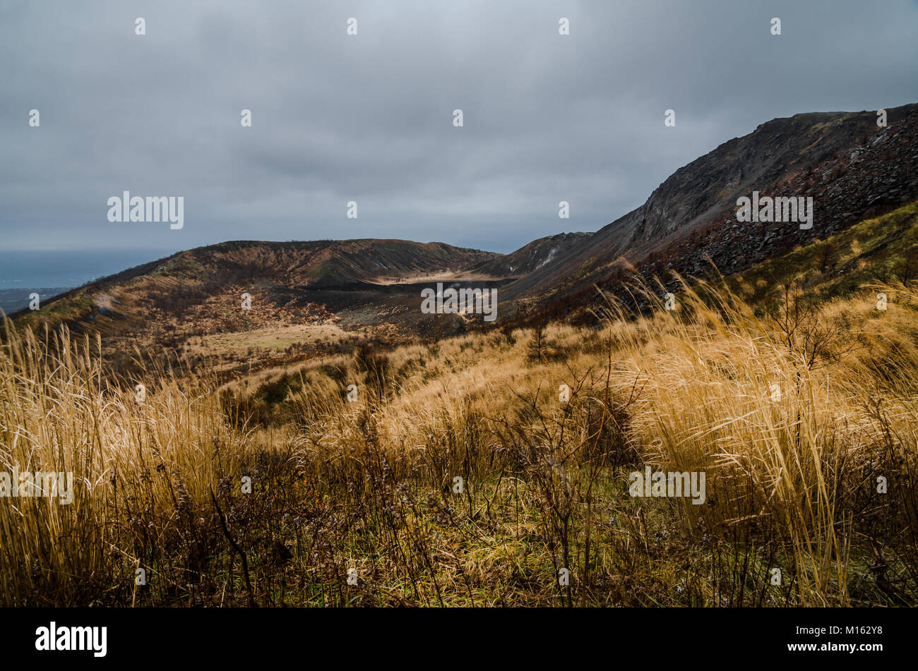 Panoramic view of Mount Usu. Mount Usu is an active stratovolcano in
