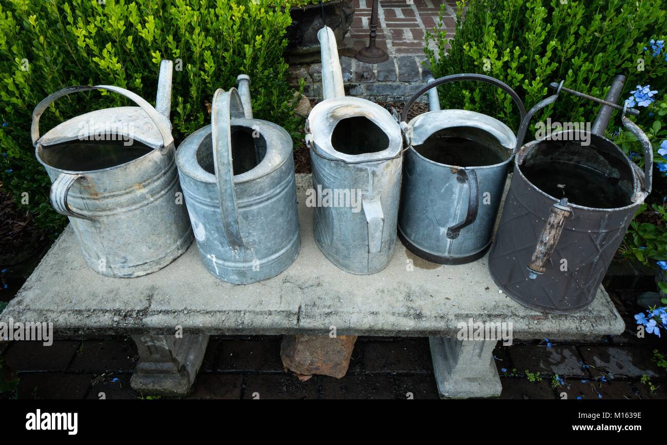 a collection of old metal watering cans for gardening Stock Photo