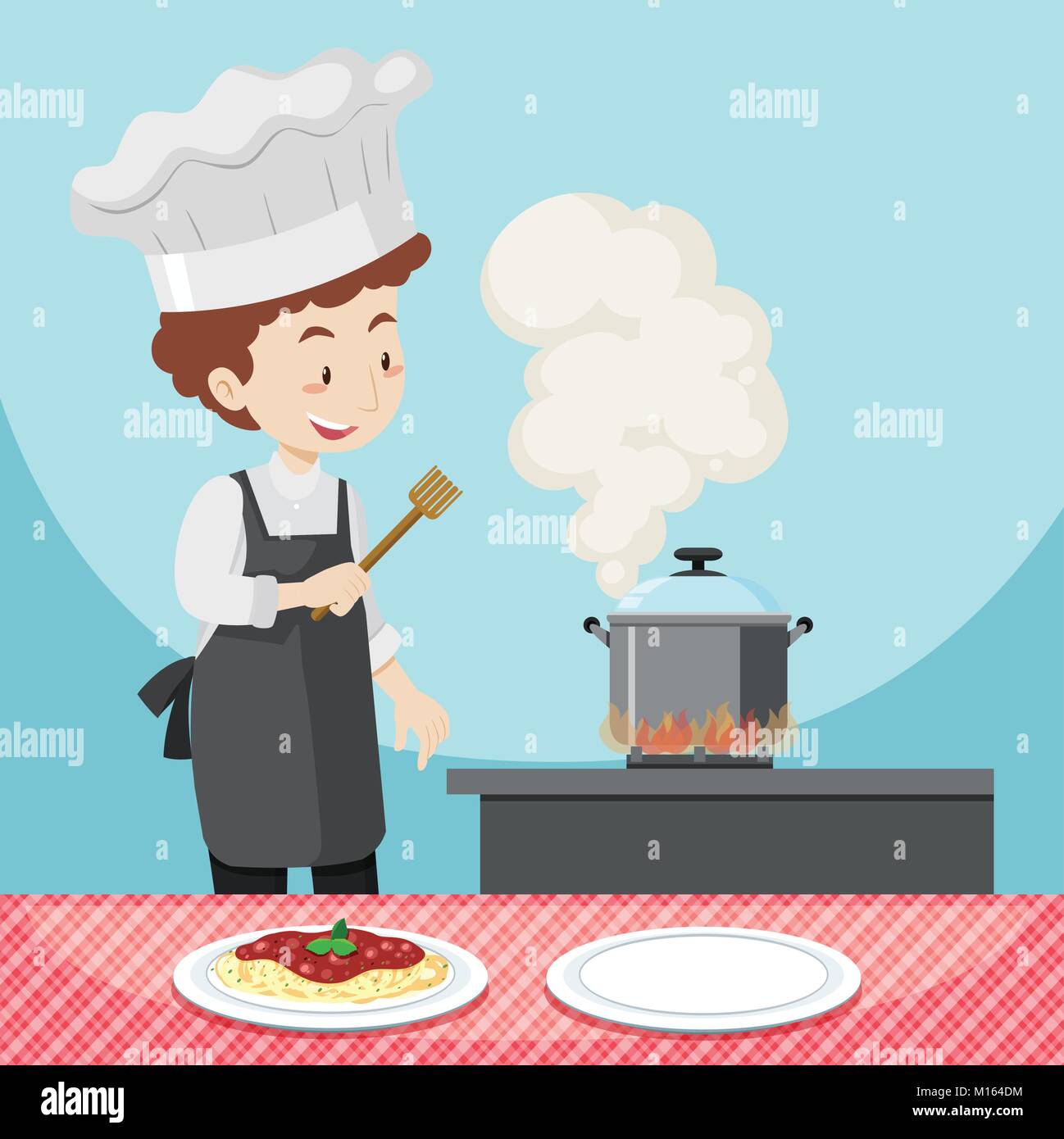Male Chef Cooking Pasta Illustration Stock Vector Image Art Alamy