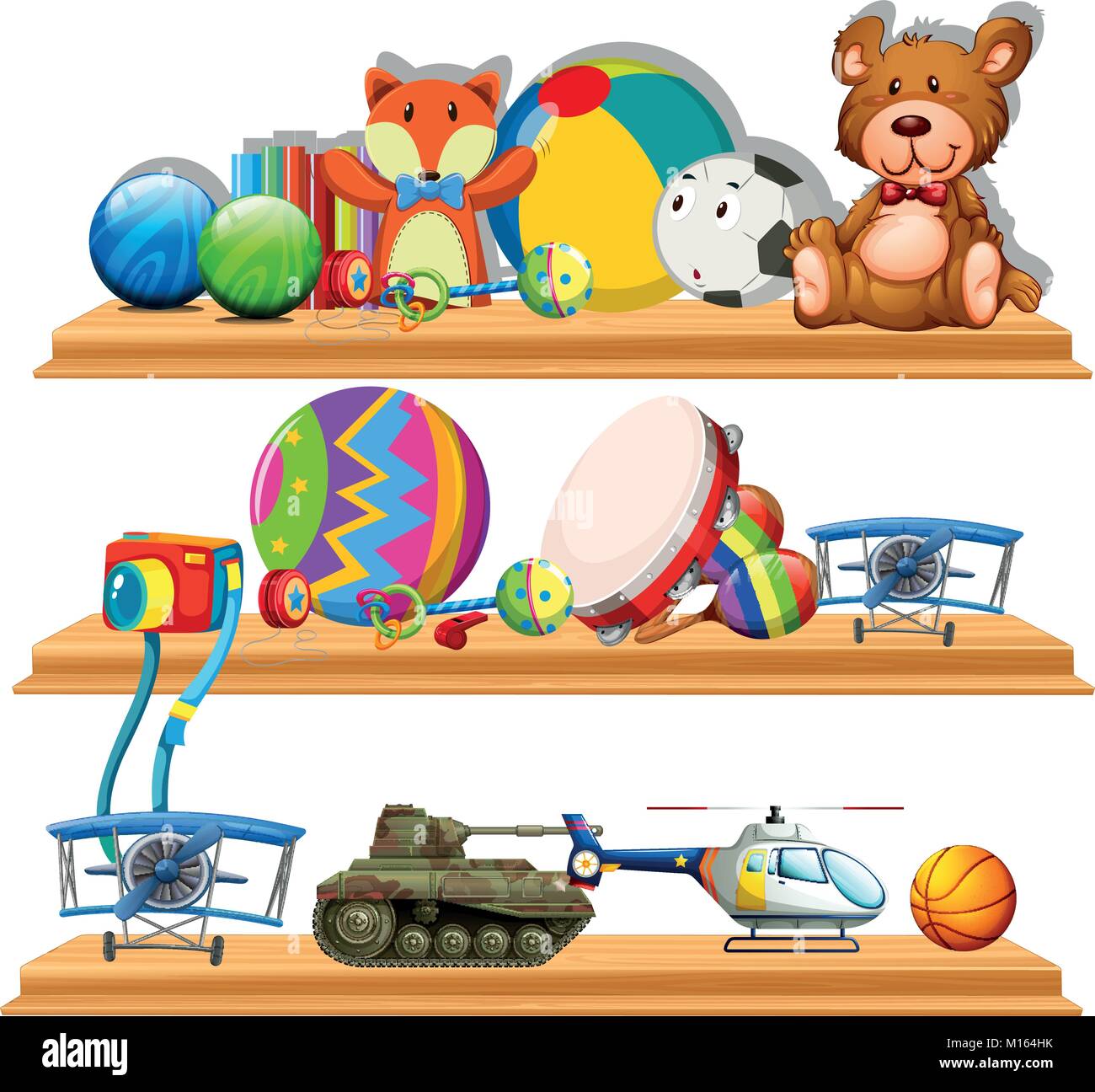 Different types of toys on wooden shelves illustration Stock Vector
