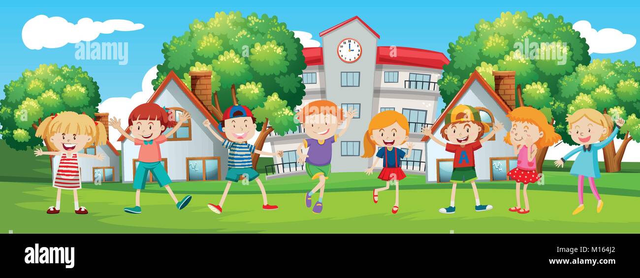 Happy children at school scene illustration Stock Vector Image & Art ...