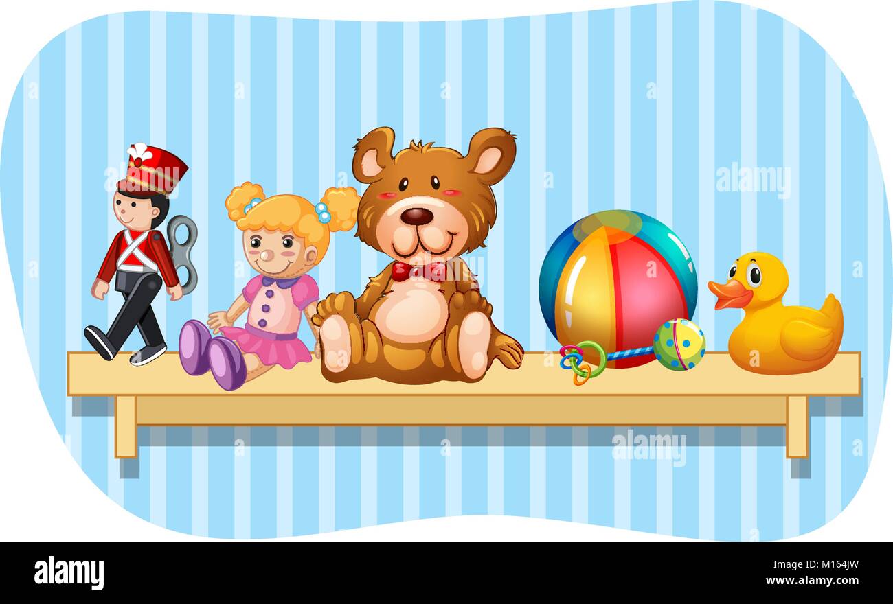 Many types of toys on wooden shelf illustration Stock Vector