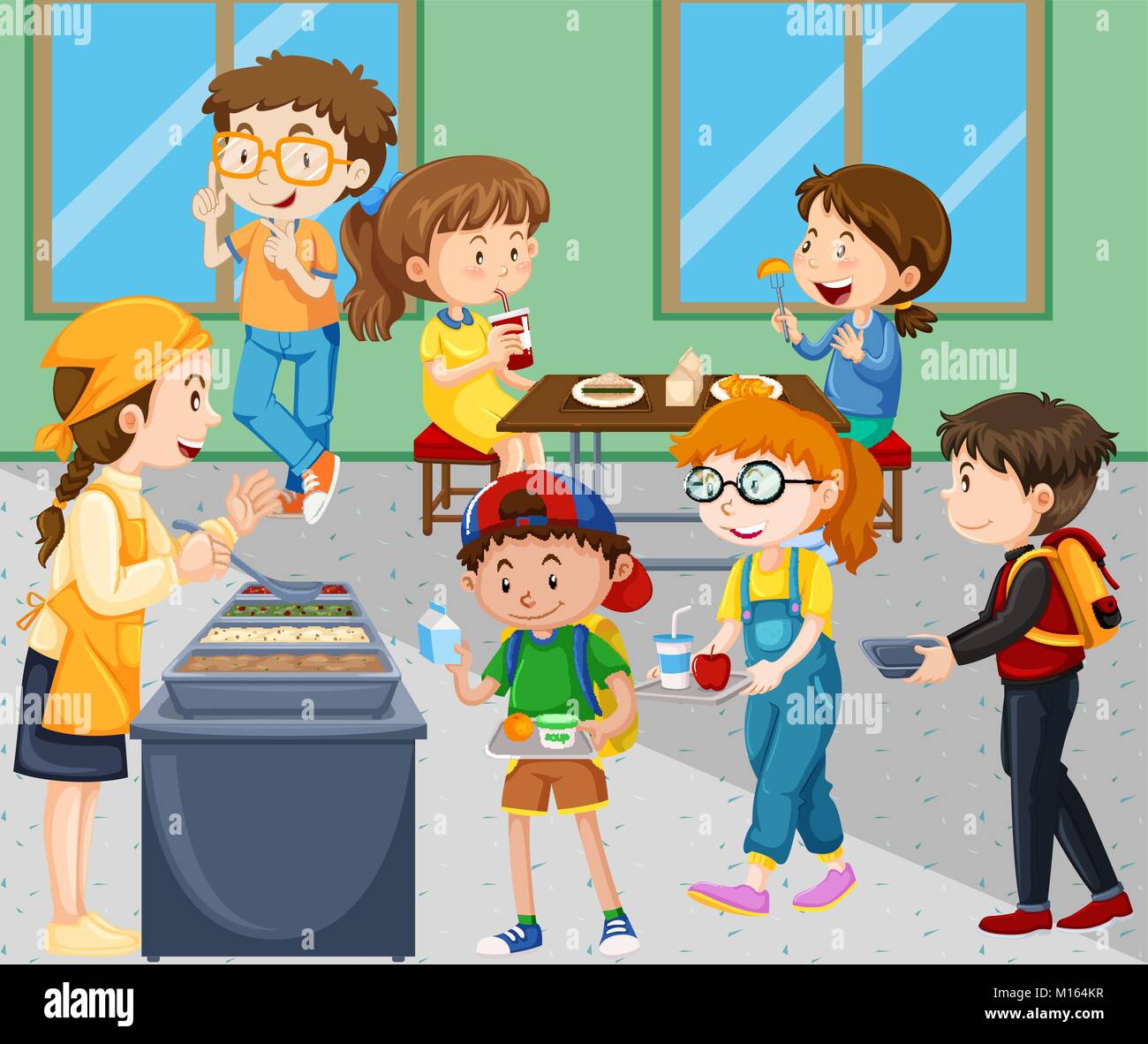 Children eating lunch in cafeteria illustration Stock Vector Image & Art -  Alamy