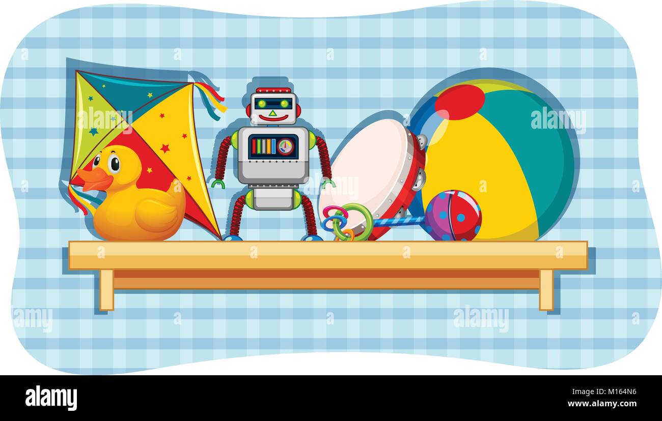 Different toys on wooden shelf illustration Stock Vector Image & Art ...