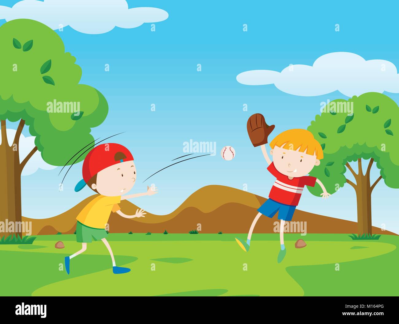 Two boys playing baseball in park illustration Stock Vector