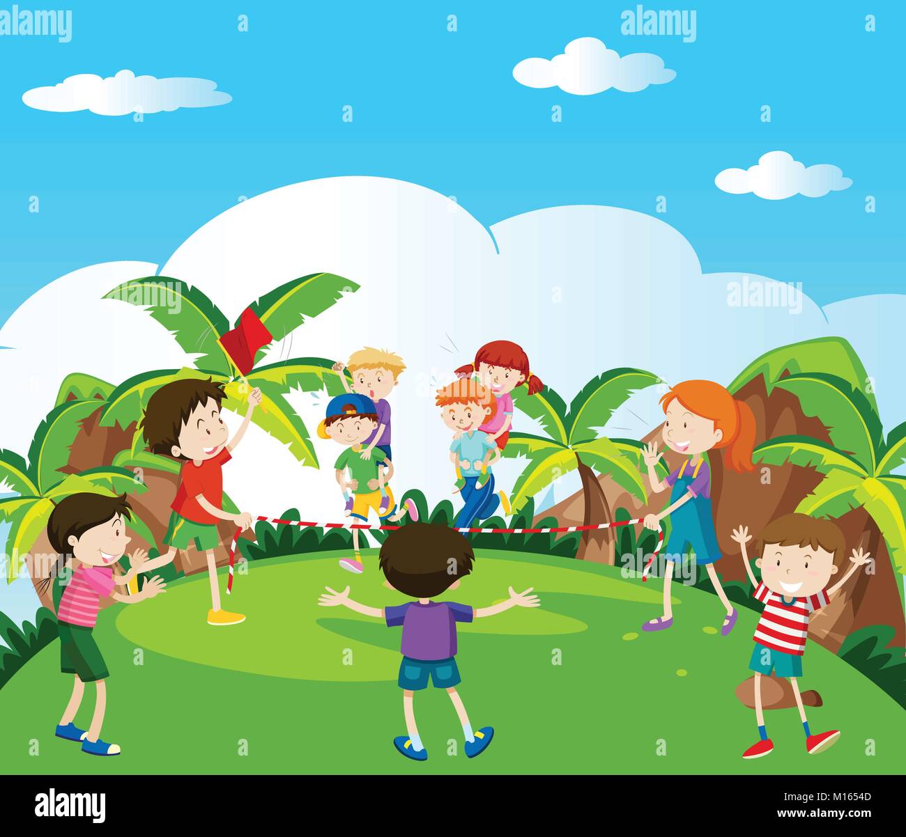 Many kids playing and racing in the park illustration Stock Vector ...