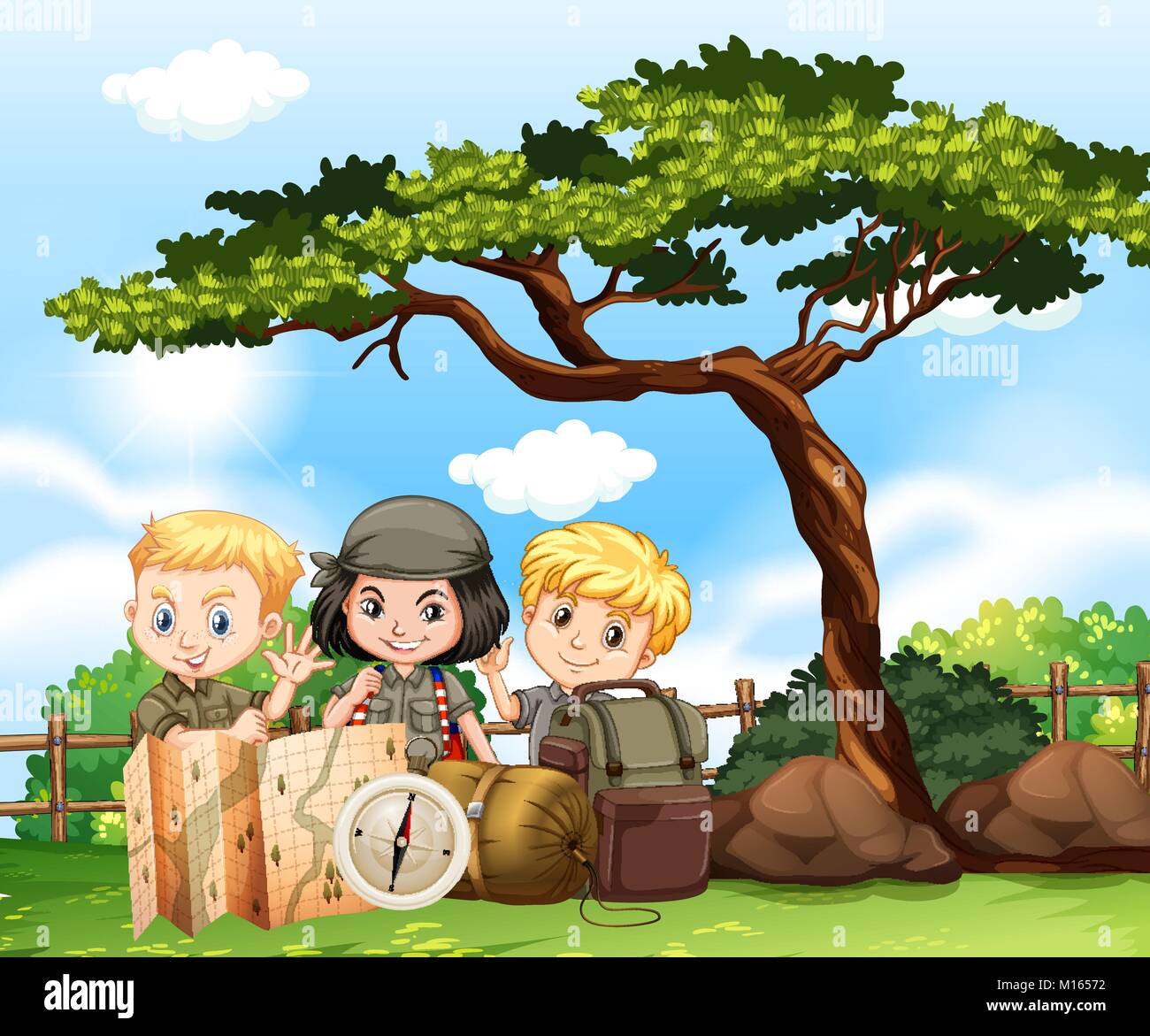 Three kids camping out in the park illustration Stock Vector Image ...