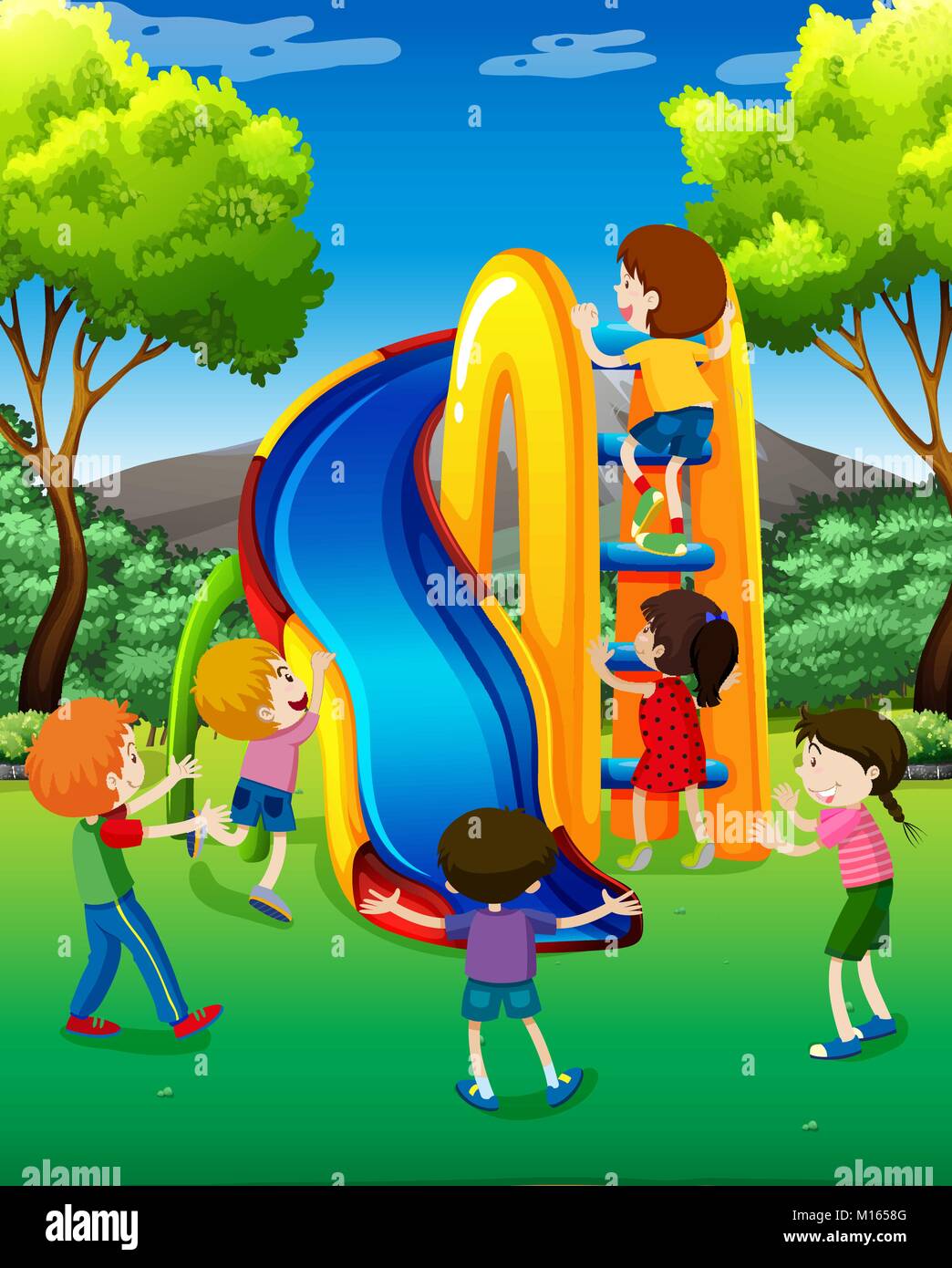 Many kids playing slide in the park illustration Stock Vector Image ...