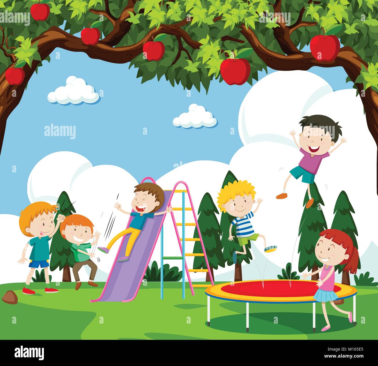 Children playing slide and bouncing on trampoline illustration Stock ...