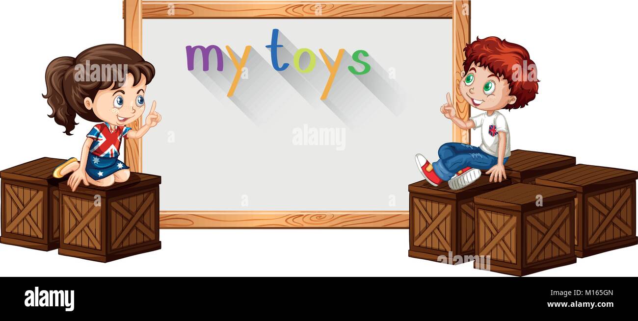 Border template with boy and girl on box illustration Stock Vector ...