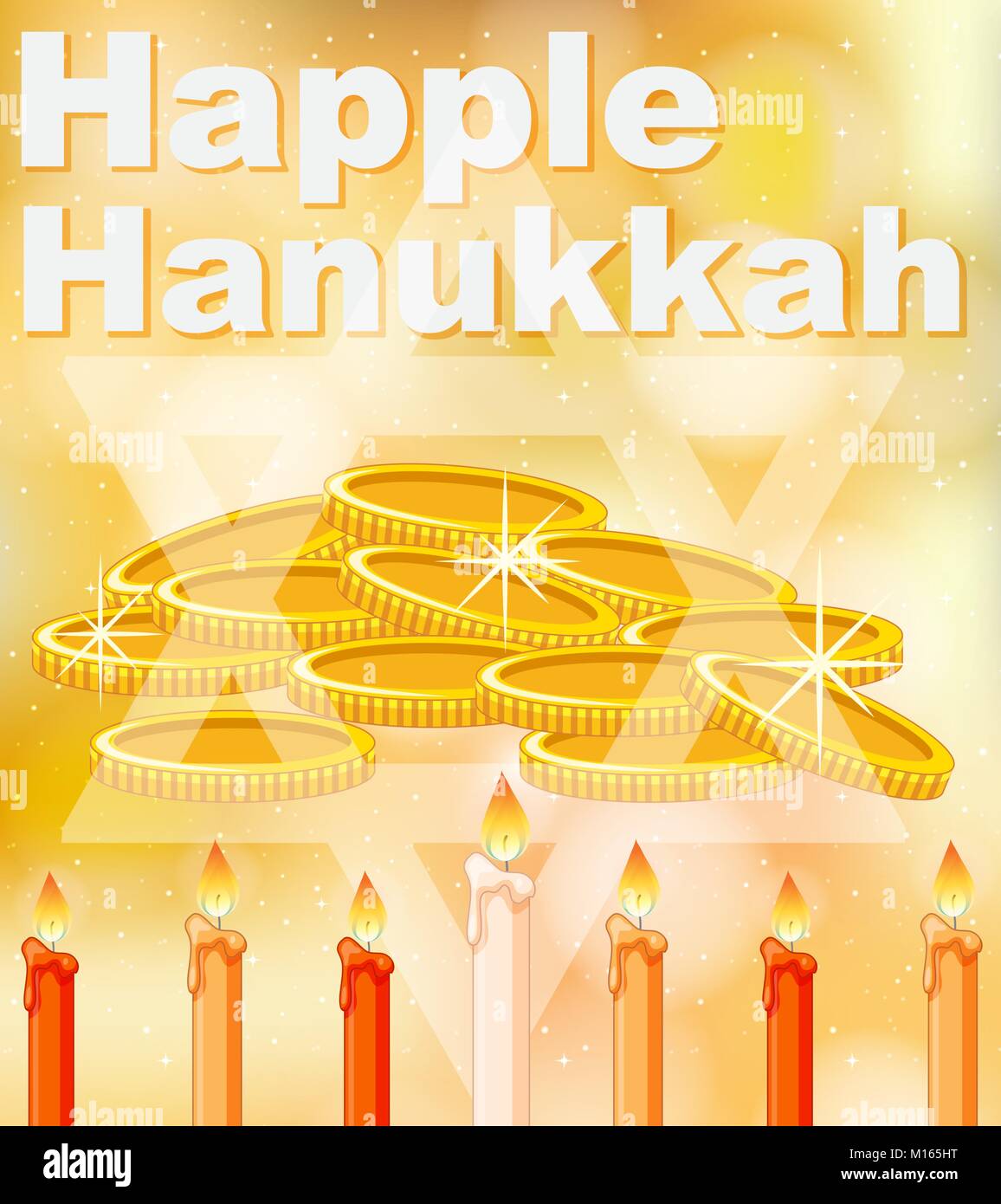 Happy Hanukkah card template with bright light and golden coins ...