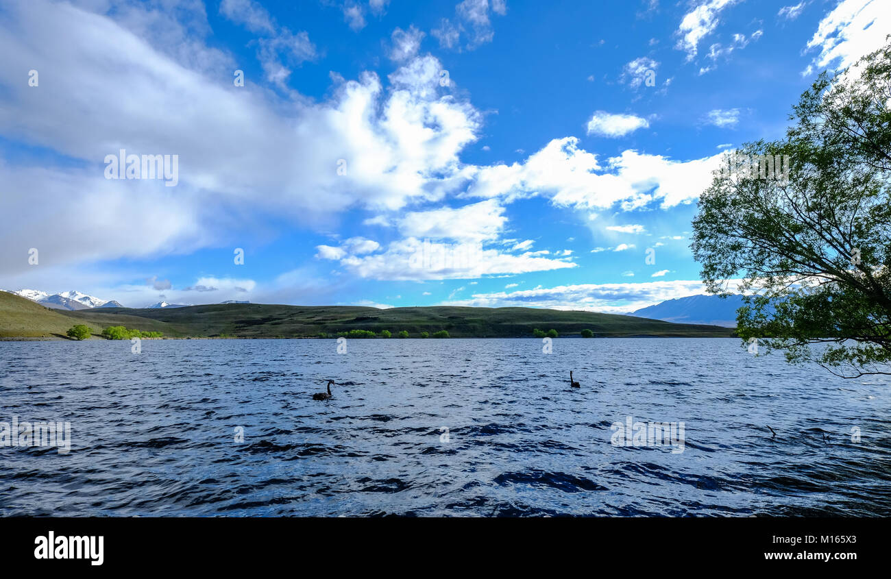 Blue sky with Lake Manapouri of South Island, New Zealand Stock Photo ...