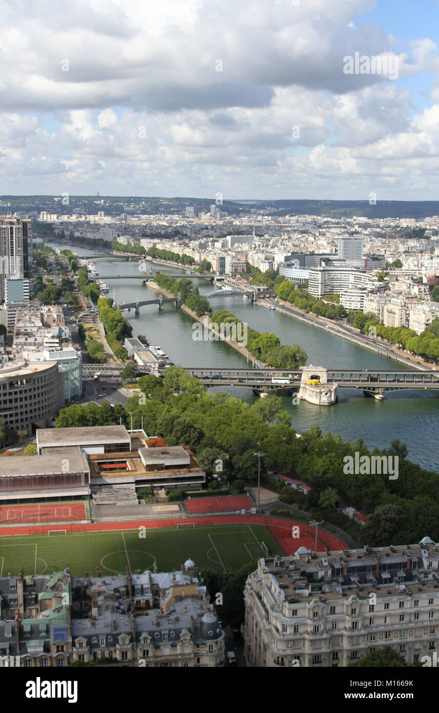 View of  Seine River's Allee des Cygnes with Pont de Bir-Hakeim bridge and other bridges from the top of the Eiffel Tower, France. Stock Photo